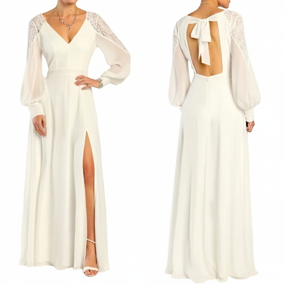 Lulu's Ivory Lace-Sleeve Open-Back Wedding Dress
